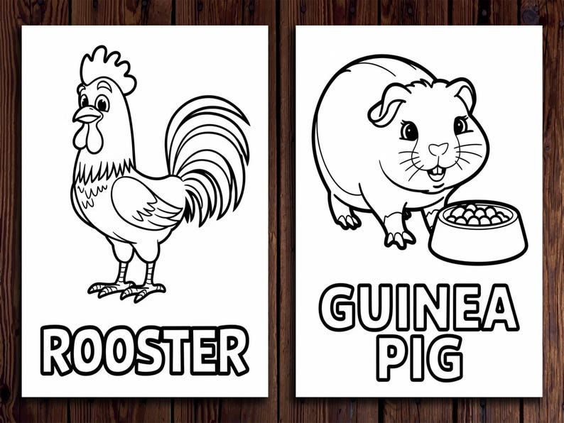 K&ouml;nnte beinhalten: Zwei Schwarz-Wei&szlig;-Illustrationen auf wei&szlig;em Papier. Eine zeigt einen Hahn mit dem Wort "ROOSTER" darunter. Die andere zeigt ein Meerschweinchen mit einer Futtersch&uuml;ssel und den Worten "GUINEA PIG" darunter.