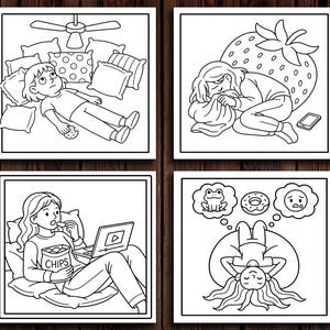 Op de afbeelding: Zwart-wit illustratie in vier panelen met verschillende sc&egrave;nes van ontspanning en vrije tijd. E&eacute;n paneel toont een persoon die op een bed ligt, een ander toont een slapende persoon, een derde toont een persoon die chips eet terwijl hij naar een laptop kijkt, en de laatste toont een persoon die dagdroomt.