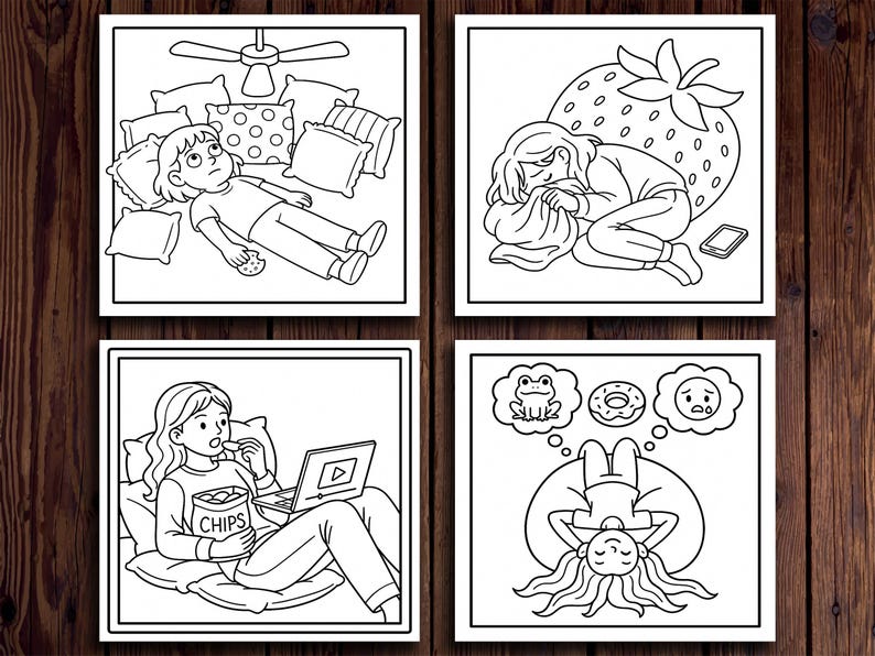 Op de afbeelding: Zwart-wit illustratie in vier panelen met verschillende sc&egrave;nes van ontspanning en vrije tijd. E&eacute;n paneel toont een persoon die op een bed ligt, een ander toont een slapende persoon, een derde toont een persoon die chips eet terwijl hij naar een laptop kijkt, en de laatste toont een persoon die dagdroomt.