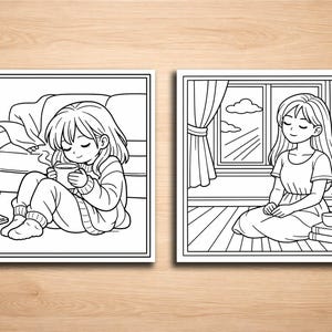 May include: Two black and white illustrations of relaxing scenes. One shows a person sitting on the floor with a cup near a couch. The other shows a person sitting near a window with a plant and books.