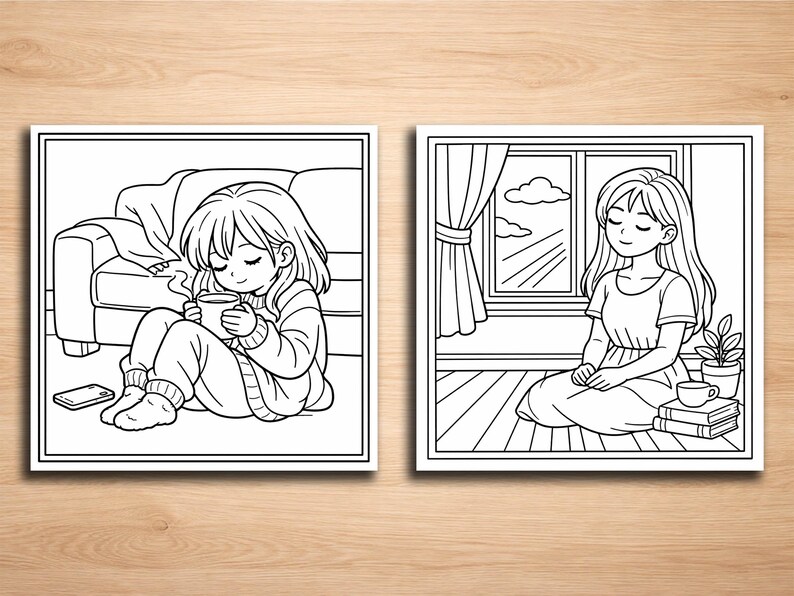 May include: Two black and white illustrations of relaxing scenes. One shows a person sitting on the floor with a cup near a couch. The other shows a person sitting near a window with a plant and books.