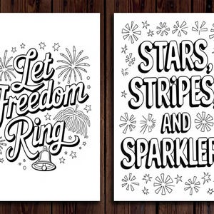 May include: Two black and white prints with patriotic themes. One print says "Let Freedom Ring" with fireworks and a bell. The other print says "Stars, Stripes, and Sparklers" with star and firework illustrations.
