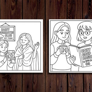 May include: Black and white illustration of two panels. The first shows two people with a camera and a sign that reads "Rainy Roommates Club". The second panel shows two people reading a book titled "Cozy Soup Magic Spell #3".