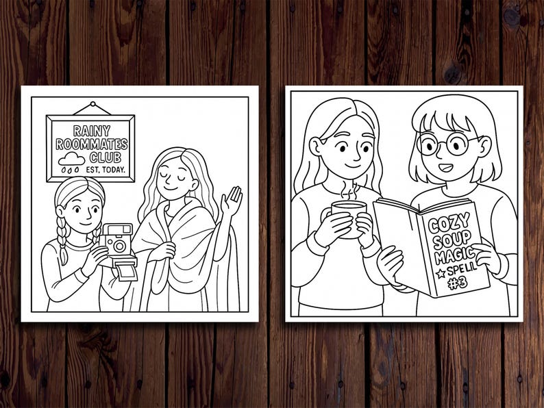 May include: Black and white illustration of two panels. The first shows two people with a camera and a sign that reads "Rainy Roommates Club". The second panel shows two people reading a book titled "Cozy Soup Magic Spell #3".
