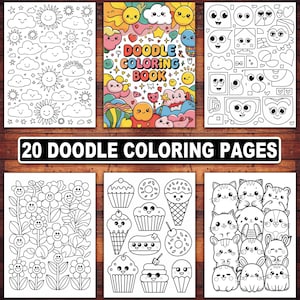 Puede incluir: Un conjunto de 20 páginas para colorear con garabatos que presentan personajes y diseños lindos. Las páginas incluyen una variedad de temas, como flores, cupcakes, donas y animales. Las páginas son en blanco y negro y están listas para ser coloreadas.