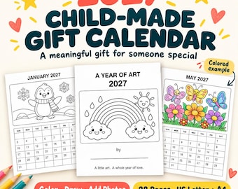 2027 Kids Calendar Printable, Monthly Coloring and Blank Art Templates, Child-Made Parent Gift
