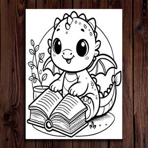 May include: Black and white illustration of a cartoon dragon reading a book. The dragon has large eyes, wings, and is sitting in front of a plant in a pot. The book is open, with visible pages.