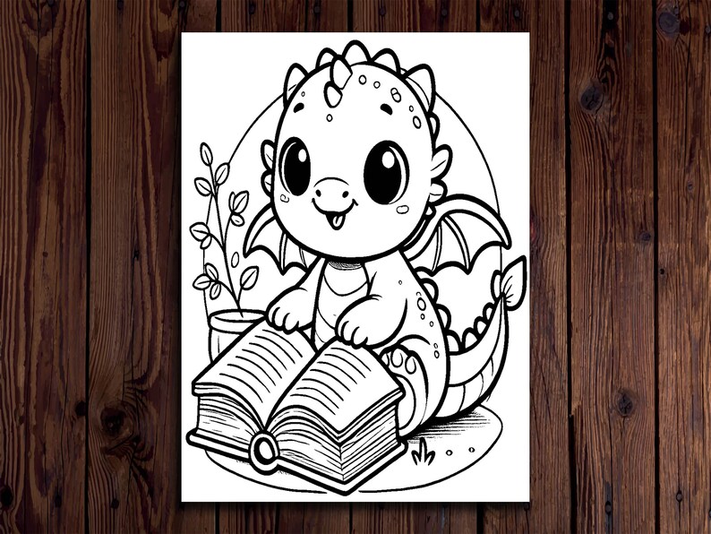 May include: Black and white illustration of a cartoon dragon reading a book. The dragon has large eyes, wings, and is sitting in front of a plant in a pot. The book is open, with visible pages.