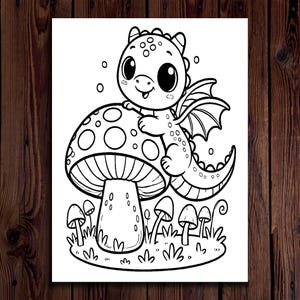 May include: Black and white illustration of a cartoon dragon perched on a mushroom. The dragon has large eyes and wings. The mushroom has spots and is surrounded by smaller mushrooms and grass.