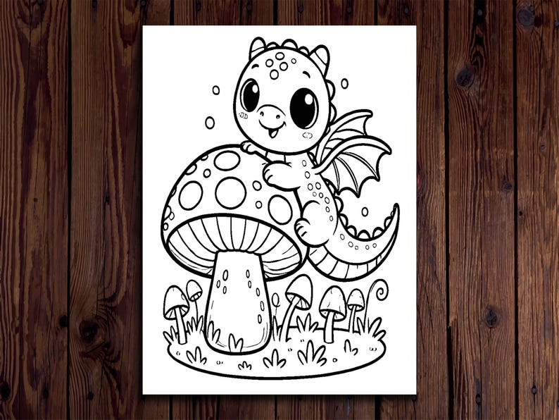 May include: Black and white illustration of a cartoon dragon perched on a mushroom. The dragon has large eyes and wings. The mushroom has spots and is surrounded by smaller mushrooms and grass.