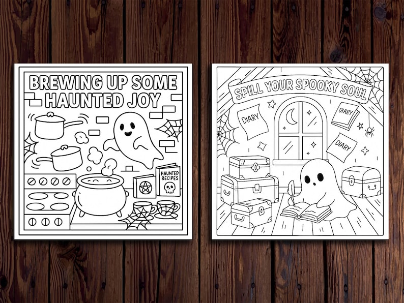 K&ouml;nnte beinhalten: Zwei schwarz-wei&szlig;e Illustrationen zum Thema Halloween. Eine zeigt einen Geist beim Kochen mit dem Text "Brewing Up Some Haunted Joy". Die andere zeigt einen Geist beim Schreiben mit dem Text "Spill Your Spooky Soul."