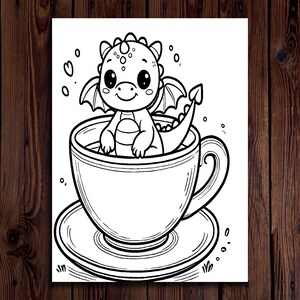 May include: Black and white illustration of a cartoon dragon sitting in a teacup. The dragon has wings and a long tail. The teacup is on a saucer. The image is a line drawing.