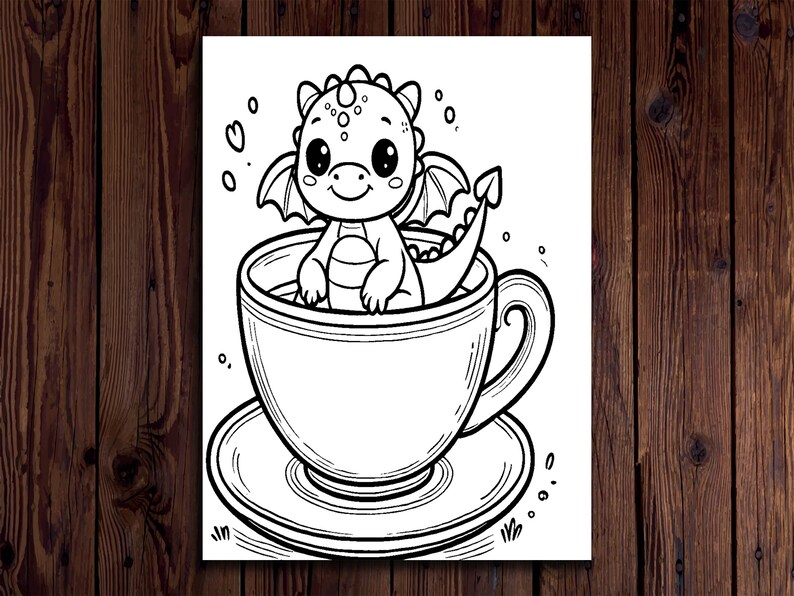 May include: Black and white illustration of a cartoon dragon sitting in a teacup. The dragon has wings and a long tail. The teacup is on a saucer. The image is a line drawing.