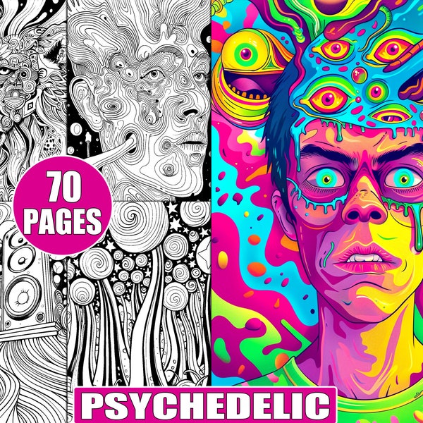 70 Psychedelic Coloring Pages for Adults, Trippy DMT art, Printable Stoner Coloring Book Sheets, Mindfulness & Stress relief Activities