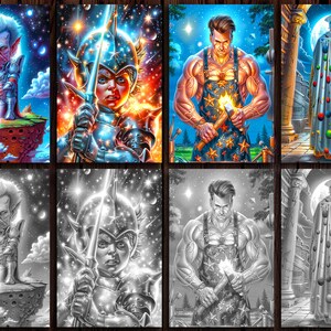 May include: A digital collage of eight images featuring a variety of characters and scenes. The top left image shows a small, green-skinned creature with pointed ears and a sword, standing on a rocky platform. The top right image shows a knight in shining armor, holding a sword and standing in front of a starry background. The bottom left image is a black and white version of the top left image. The bottom right image is a black and white version of the top right image. The middle left image shows a muscular man with a beard, wearing a blue and white striped shirt and holding a hammer. The middle right image shows a man in a long, white robe with a crown, standing in front of a moonlit sky. The bottom left image is a black and white version of the middle left image. The bottom right image is a black and white version of the middle right image.