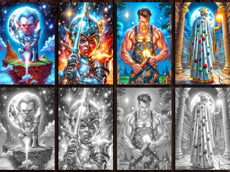 May include: A digital collage of eight images featuring a variety of characters and scenes. The top left image shows a small, green-skinned creature with pointed ears and a sword, standing on a rocky platform. The top right image shows a knight in shining armor, holding a sword and standing in front of a starry background. The bottom left image is a black and white version of the top left image. The bottom right image is a black and white version of the top right image. The middle left image shows a muscular man with a beard, wearing a blue and white striped shirt and holding a hammer. The middle right image shows a man in a long, white robe with a crown, standing in front of a moonlit sky. The bottom left image is a black and white version of the middle left image. The bottom right image is a black and white version of the middle right image.