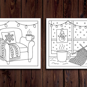 Puede incluir: Dos ilustraciones en blanco y negro con tem&aacute;tica invernal. Una representa un sill&oacute;n acogedor con una almohada de copo de nieve, una manta y una taza de bebida caliente. La otra muestra un mu&ntilde;eco de nieve, una taza y agujas de tejer.