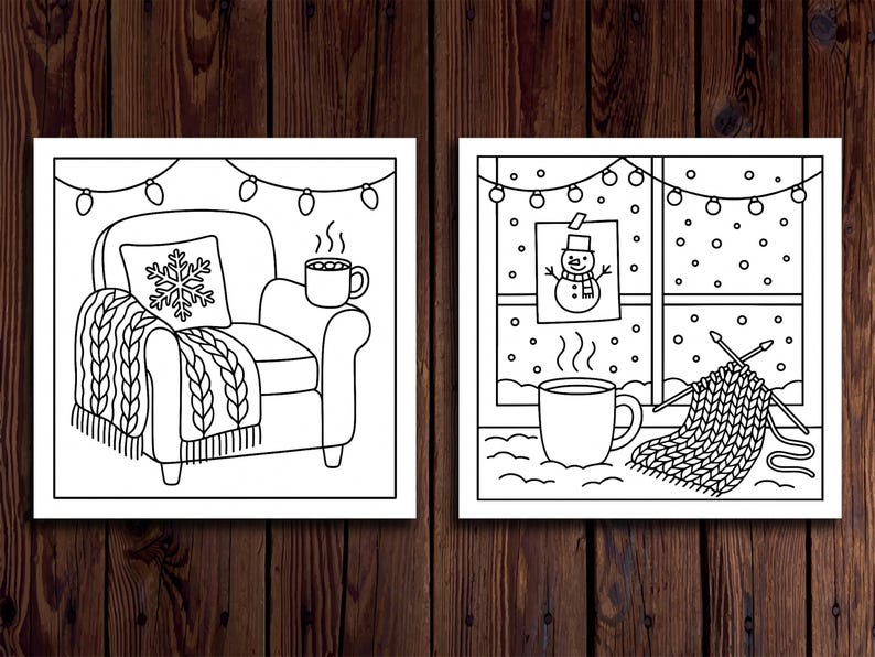Puede incluir: Dos ilustraciones en blanco y negro con tem&aacute;tica invernal. Una representa un sill&oacute;n acogedor con una almohada de copo de nieve, una manta y una taza de bebida caliente. La otra muestra un mu&ntilde;eco de nieve, una taza y agujas de tejer.