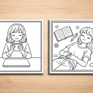 May include: Two black and white illustrations. The first shows a person holding a mug, seated at a table. The second shows a person lying down with a book, pen, and flowers.