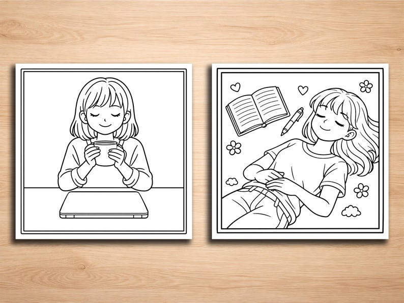 May include: Two black and white illustrations. The first shows a person holding a mug, seated at a table. The second shows a person lying down with a book, pen, and flowers.