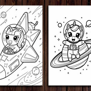 May include: Two black and white coloring pages featuring a unicorn theme. One shows a unicorn in a spaceship, the other shows a unicorn in an astronaut suit floating around a planet with rings.