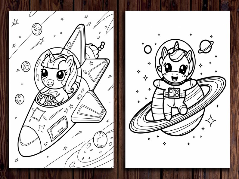 May include: Two black and white coloring pages featuring a unicorn theme. One shows a unicorn in a spaceship, the other shows a unicorn in an astronaut suit floating around a planet with rings.