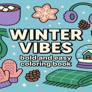 Páginas para colorir de inverno aconchegante: cabanas nevadas, chocolate quente, luvas (download em PDF)