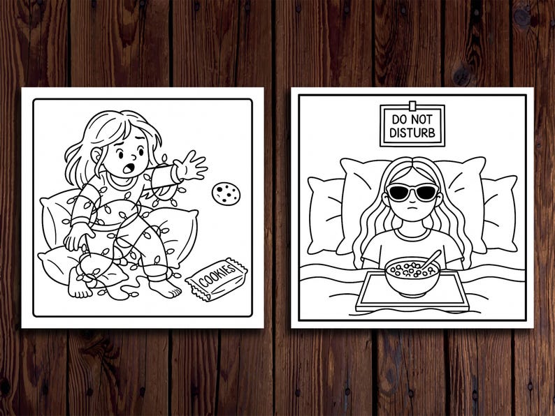 Op de afbeelding: Twee zwart-wit illustraties. De eerste toont een persoon verstrikt in kerstverlichting, die naar een koekje grijpt. De tweede toont een persoon in bed met een zonnebril, met een kom ontbijtgranen op een dienblad en een "Niet storen"-bord.