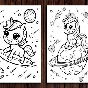 May include: Two black and white line art illustrations of unicorns. One unicorn is surfing on a surfboard, and the other is sitting on a planet with rings. Both images have stars, planets, and shooting stars.
