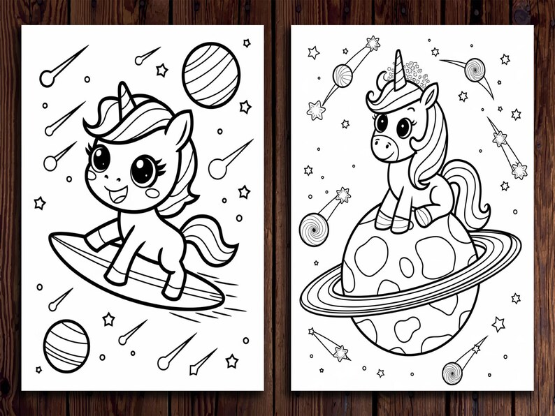 May include: Two black and white line art illustrations of unicorns. One unicorn is surfing on a surfboard, and the other is sitting on a planet with rings. Both images have stars, planets, and shooting stars.