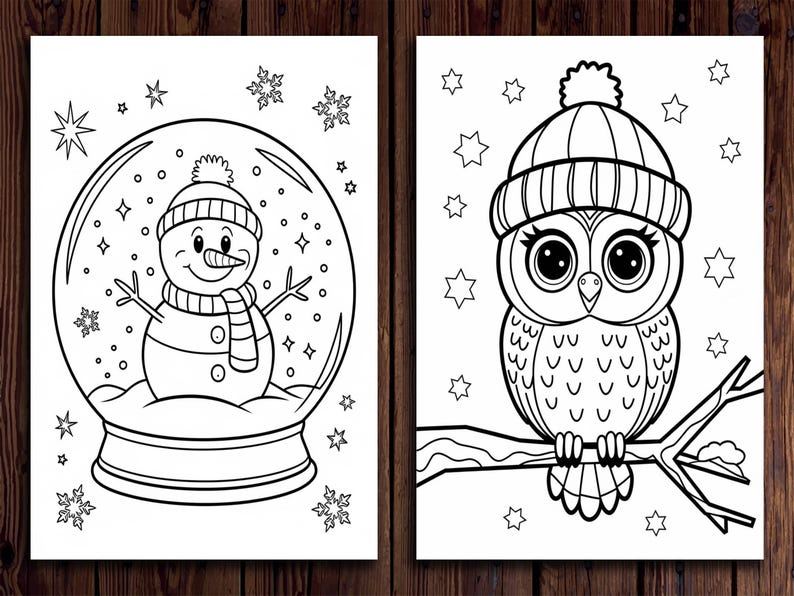 May include: A black and white coloring page featuring two winter-themed illustrations. The first illustration is a snowman inside a snow globe. The second illustration is an owl wearing a winter hat perched on a branch.