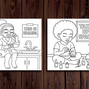 Op de afbeelding: Twee zwart-wit illustraties. E&eacute;n toont een persoon in een badjas die een gezichtsmasker aanbrengt, met de tekst "THIS IS HEALING". De andere toont een persoon die haar nagels lakt, met de tekst "TAKE UP SPACE".