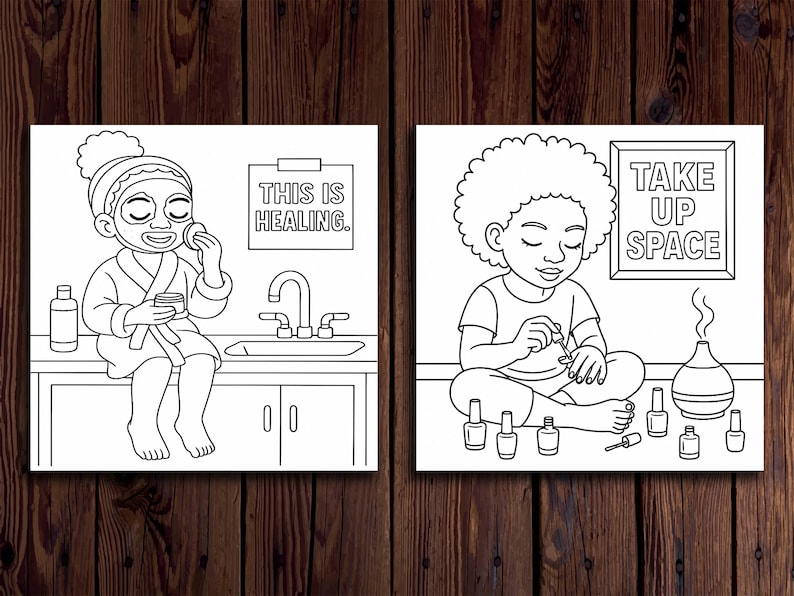Op de afbeelding: Twee zwart-wit illustraties. E&eacute;n toont een persoon in een badjas die een gezichtsmasker aanbrengt, met de tekst "THIS IS HEALING". De andere toont een persoon die haar nagels lakt, met de tekst "TAKE UP SPACE".