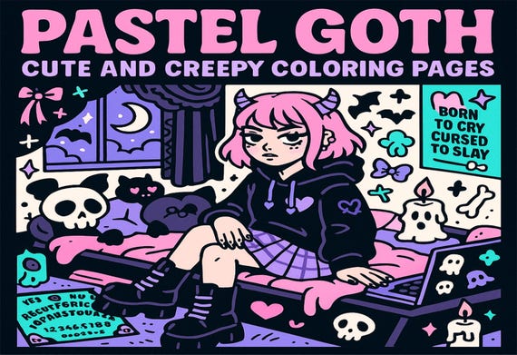 Pastel Goth Coloring Pages | Creepy Cute Coloring Book | Printable Kawaii Goth Girl Sheets