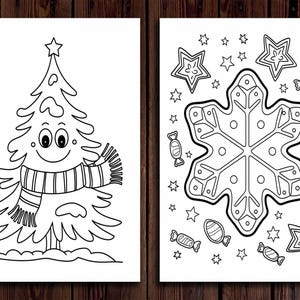 May include: A black and white coloring page featuring a smiling Christmas tree wearing a scarf and a snowflake with candy canes and stars around it.