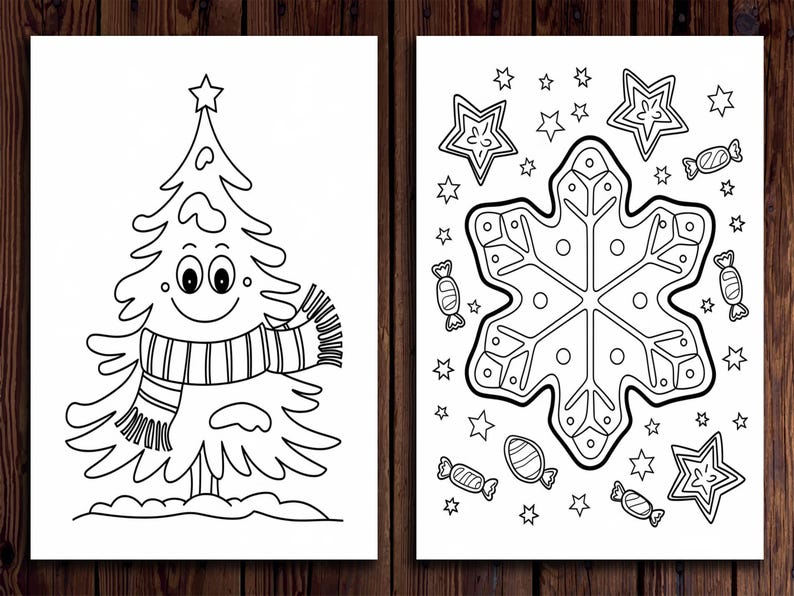 May include: A black and white coloring page featuring a smiling Christmas tree wearing a scarf and a snowflake with candy canes and stars around it.