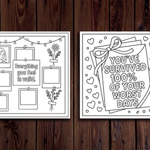 May include: Two black and white art prints on a wooden background. One features a woman's portrait and the text "Everything you feel is valid." The other says "You've survived 100% of your worst days."