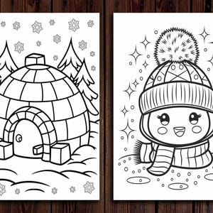 May include: A black and white coloring page featuring a snowman wearing a hat and scarf and an igloo with two pine trees. The background is filled with snowflakes.