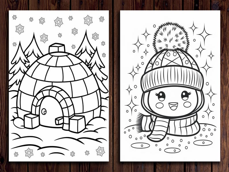 May include: A black and white coloring page featuring a snowman wearing a hat and scarf and an igloo with two pine trees. The background is filled with snowflakes.
