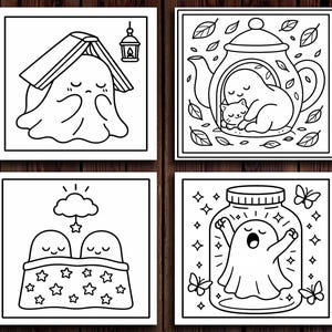 K&ouml;nnte beinhalten: Vier quadratische Schwarz-Wei&szlig;-Illustrationen mit niedlichen Geisterfiguren. Ein Geist befindet sich unter einem Buch, ein anderer in einer Teekanne mit einer Katze, ein dritter unter einer Decke und der letzte in einem Glas mit Schmetterlingen.