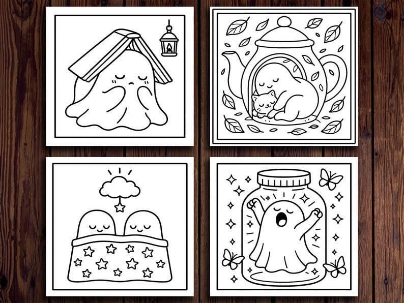 K&ouml;nnte beinhalten: Vier quadratische Schwarz-Wei&szlig;-Illustrationen mit niedlichen Geisterfiguren. Ein Geist befindet sich unter einem Buch, ein anderer in einer Teekanne mit einer Katze, ein dritter unter einer Decke und der letzte in einem Glas mit Schmetterlingen.