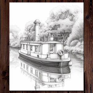 May include: A black and white pencil drawing of a boat on a river. The boat has a chimney and a small cabin. The boat is reflected in the water.