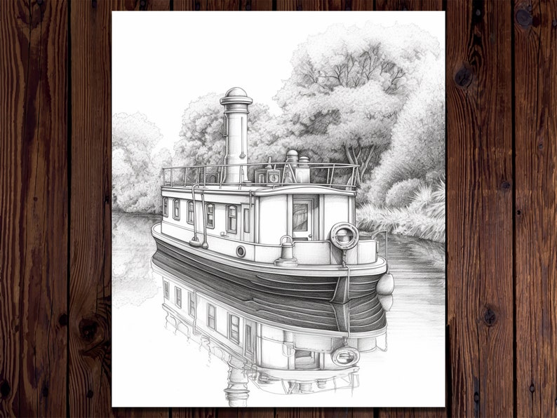 May include: A black and white pencil drawing of a boat on a river. The boat has a chimney and a small cabin. The boat is reflected in the water.