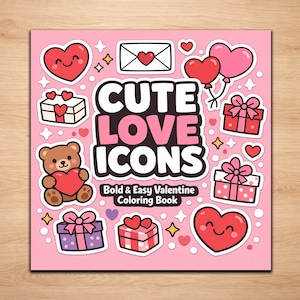 Puede incluir: Portada rosa de un libro para colorear de San Valentín con el texto "CUTE LOVE ICONS". La portada presenta varios iconos en forma de corazón, cajas de regalo, un oso de peluche y un sobre con un corazón.
