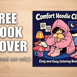 K&ouml;nnte beinhalten: Ein Buchcover mit dem Text "FREE BOOK COVER" und "(Personal use only)". Das Cover zeigt eine Cartoon-Illustration einer Person in einem rosa Kapuzenpullover mit dem Text "Comfort Hoodie Club" und "Cozy and Easy Coloring Book".