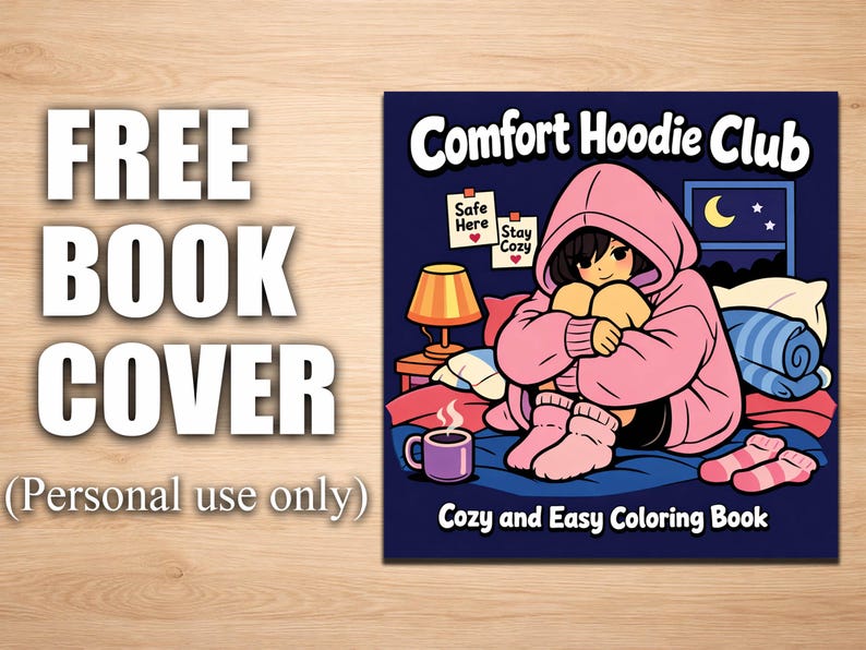 K&ouml;nnte beinhalten: Ein Buchcover mit dem Text "FREE BOOK COVER" und "(Personal use only)". Das Cover zeigt eine Cartoon-Illustration einer Person in einem rosa Kapuzenpullover mit dem Text "Comfort Hoodie Club" und "Cozy and Easy Coloring Book".