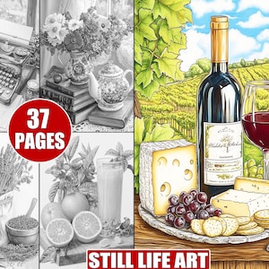 37 Printable Still Life Art Coloring Pages in Grayscale for Adults, Detailed Floral and Fruit Illustrations, Classic Fine Art for Relaxation