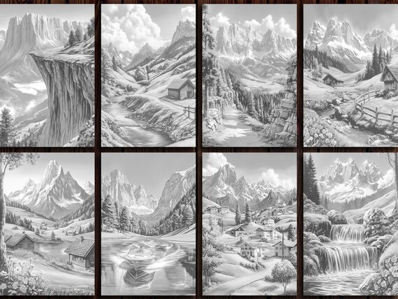 スイスの風景の塗り絵：グレースケールの山のアート（印刷可能なPDF