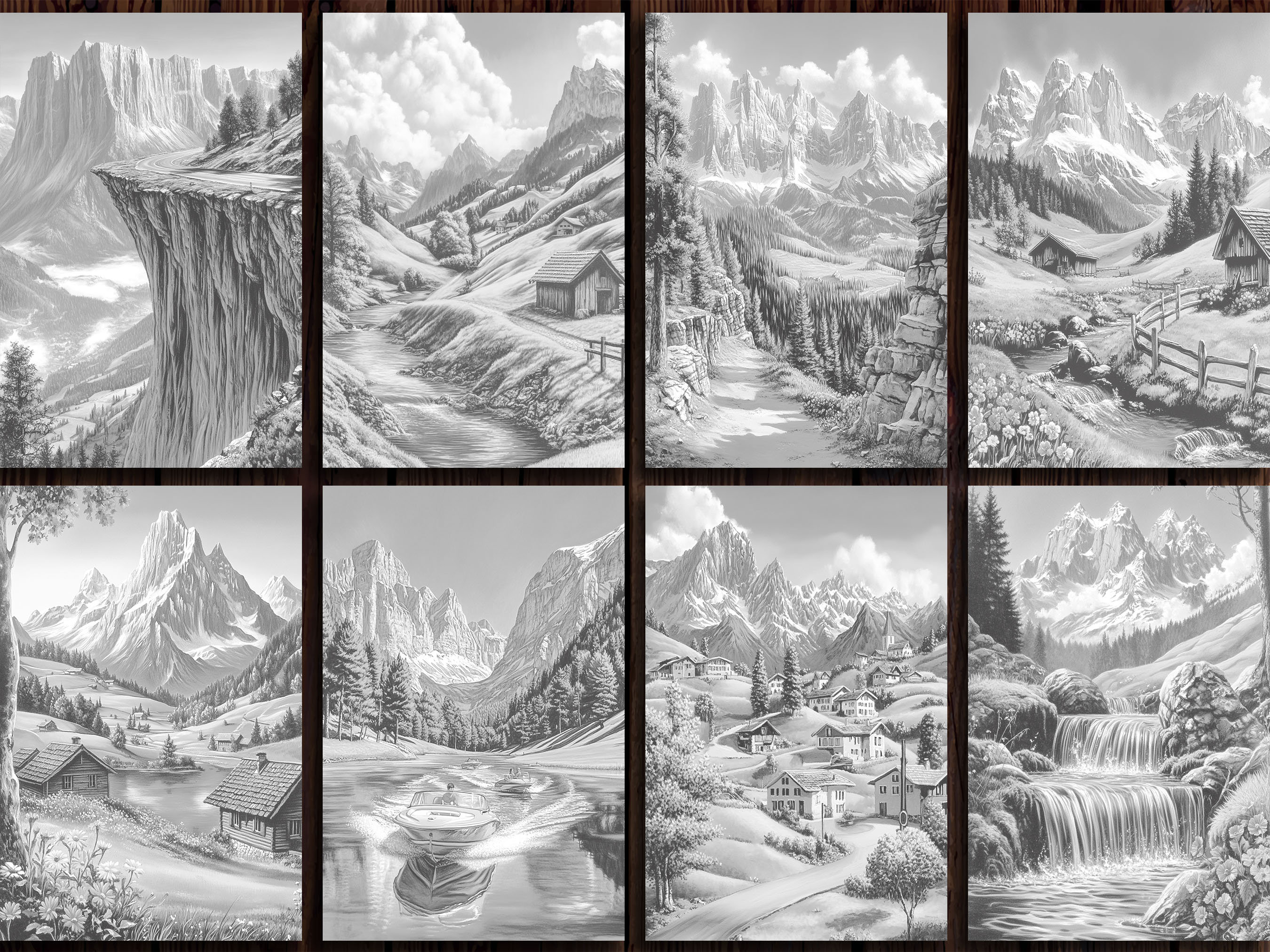 スイスの風景の塗り絵：グレースケールの山のアート（印刷可能なPDF