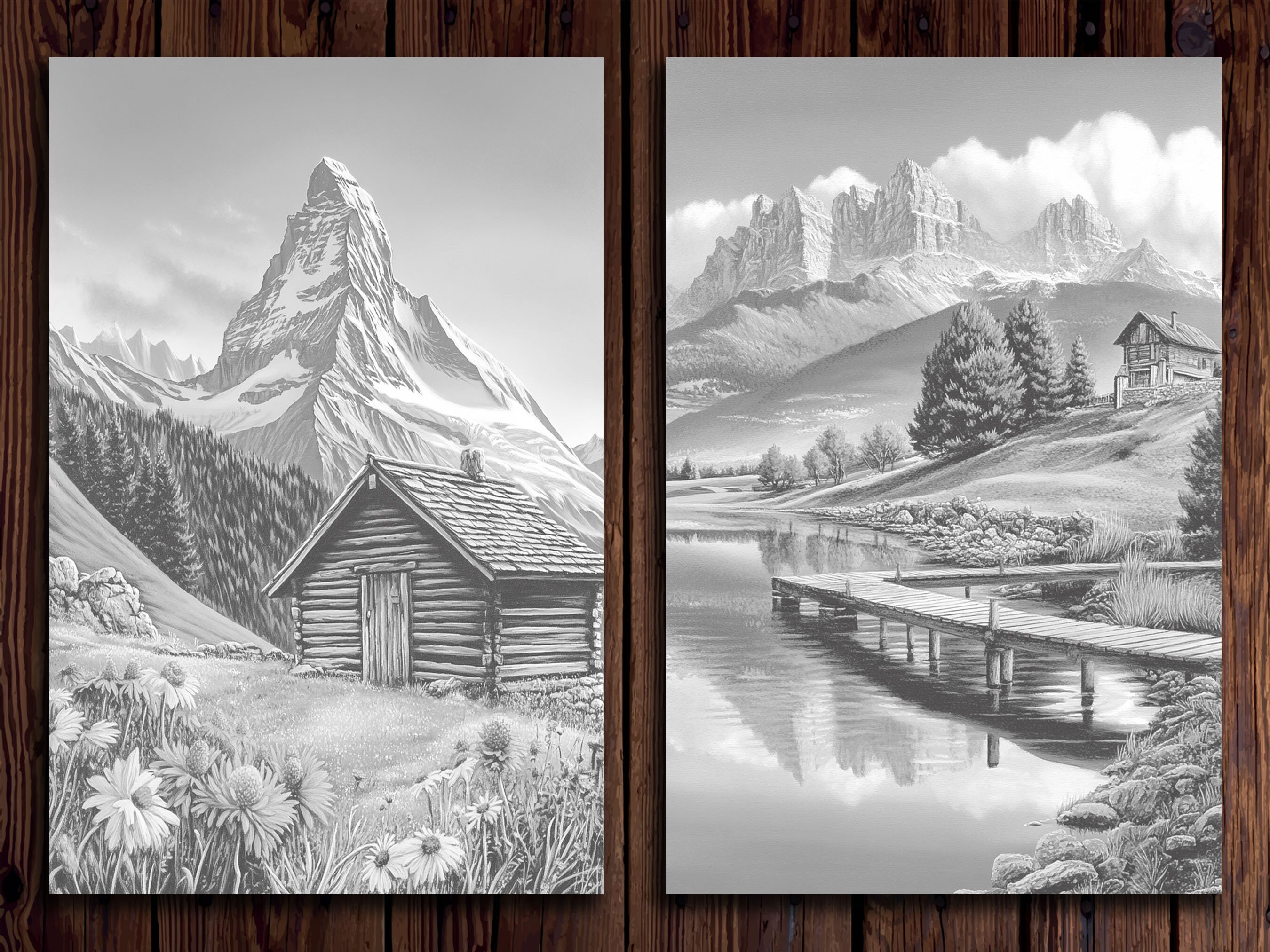 スイスの風景の塗り絵：グレースケールの山のアート（印刷可能なPDF